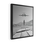 Steady As She Goes; aircraft coming in for an island landing black and white photography- photographs Framed Canvas Print Gallery Image 2