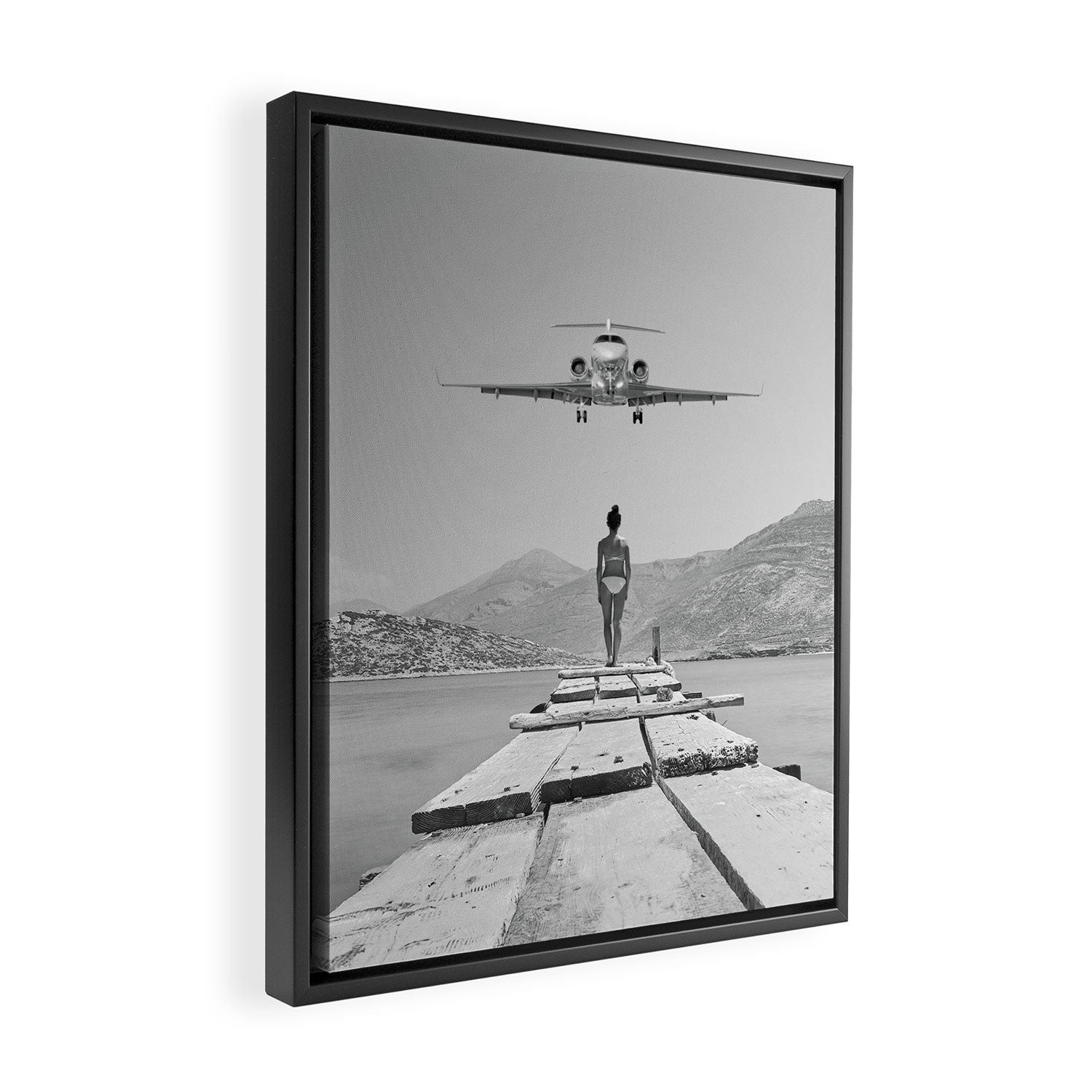 Steady As She Goes; aircraft coming in for an island landing black and white photography- photographs Framed Canvas Print Gallery Image 2