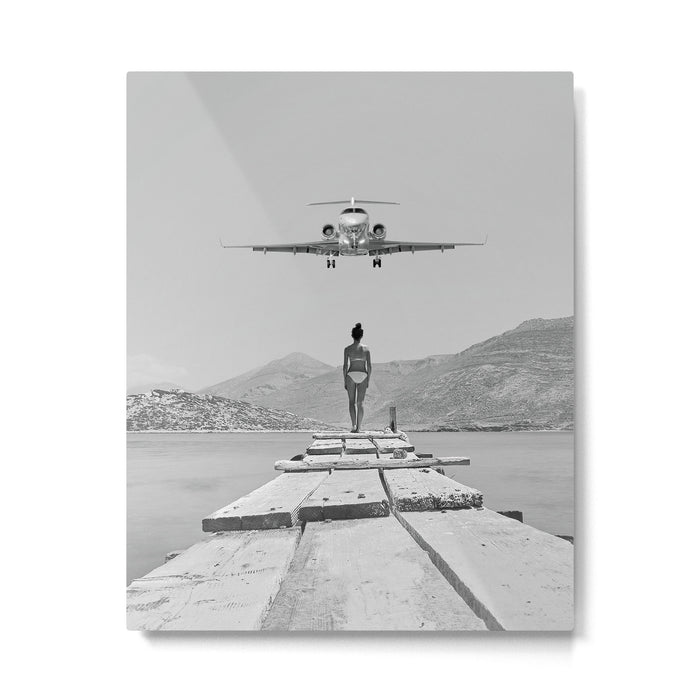 Steady As She Goes; aircraft coming in for an island landing black and white photography- photographs Metal Print Gallery Image 1
