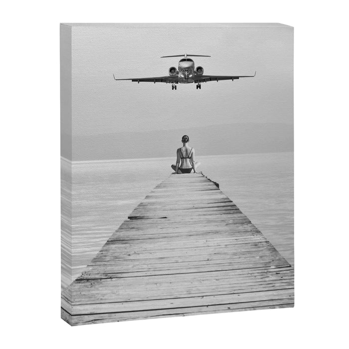 Steady As She Goes 6; aircraft coming in for an island landing female in bikini black and white photography - photographs - photograph Canvas Print Gallery Image 1
