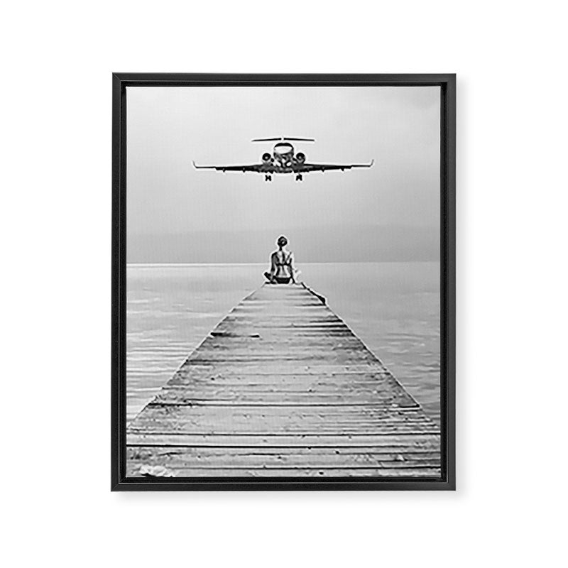 Steady As She Goes 6; aircraft coming in for an island landing female in bikini black and white photography - photographs - photograph Framed Canvas Print Gallery Image 6