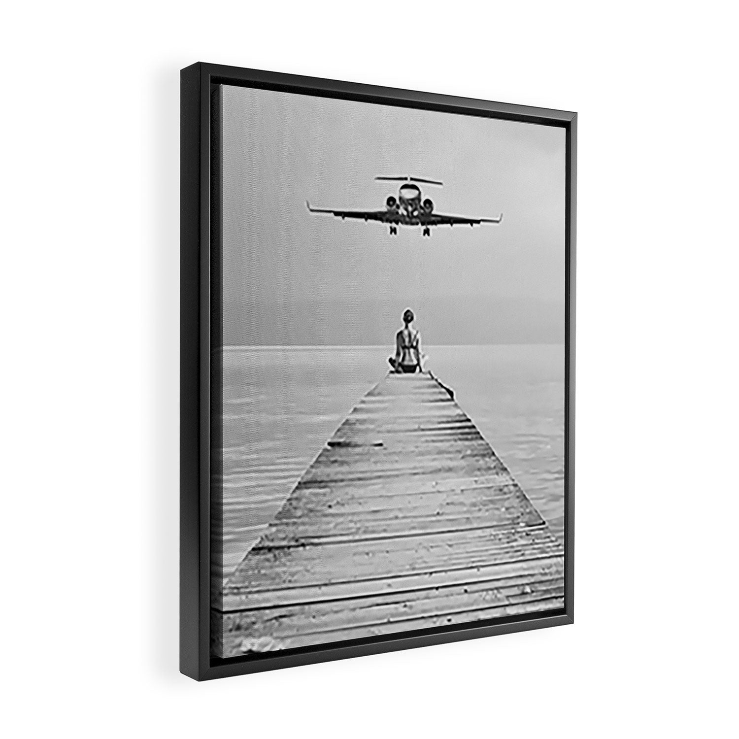 Steady As She Goes 6; aircraft coming in for an island landing female in bikini black and white photography - photographs - photograph Framed Canvas Print Gallery Image 2