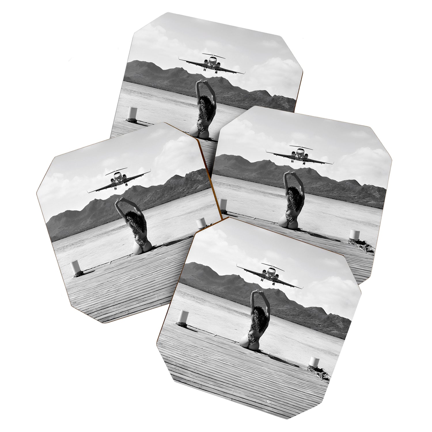 Steady as she goes girl in bikini on a dock with plane landing black and white photograph Coaster Gallery Image 1