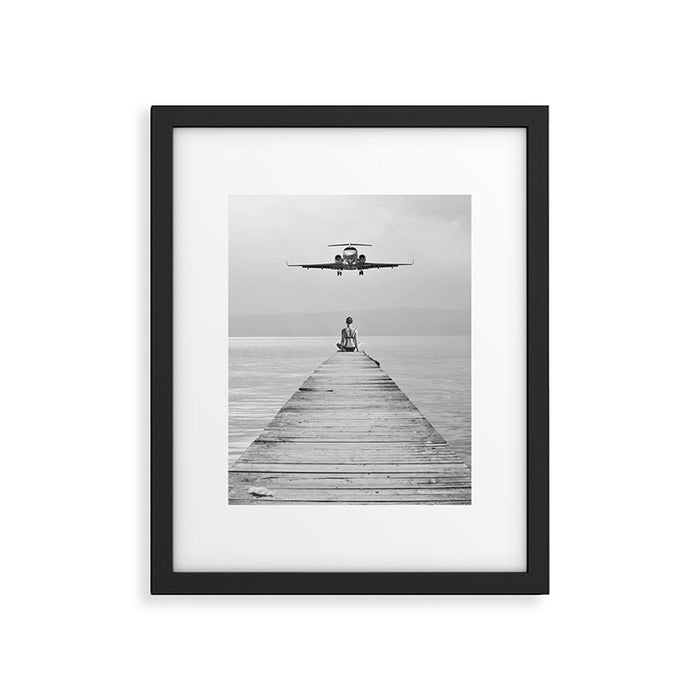 Steady As She Goes 6; aircraft coming in for an island landing female in bikini black and white photography - photographs - photograph Framed Art Print Gallery Image 1