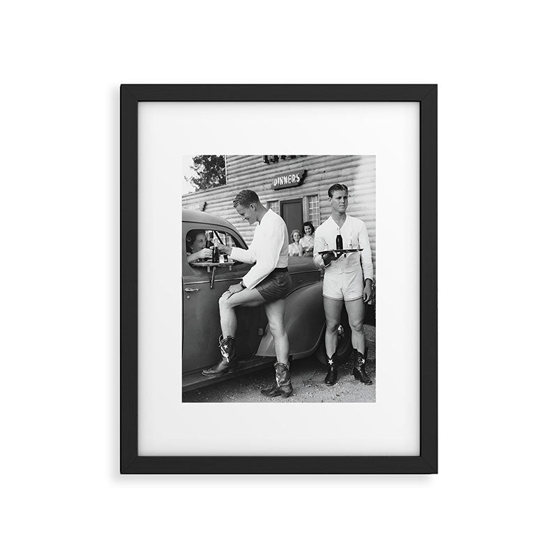 Texas love, male drive-in car hops in shorts and cowboy boots at drive in tavern near Love Field Airport in Dallas vintage black and white photograph - photography - photographs Framed Art Print Gallery Image 4