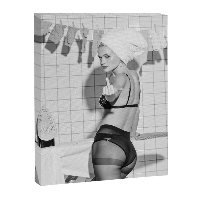 Romans!  Citizens!  Trolls!  Bad boyfriends!  Neo-conservatives we present to you The Birds of Springs humorous blond housewife giving the middle finger (the bird) black and white photograph - photography - photographs by Vitalik Radko Canvas Print Gallery Image 1