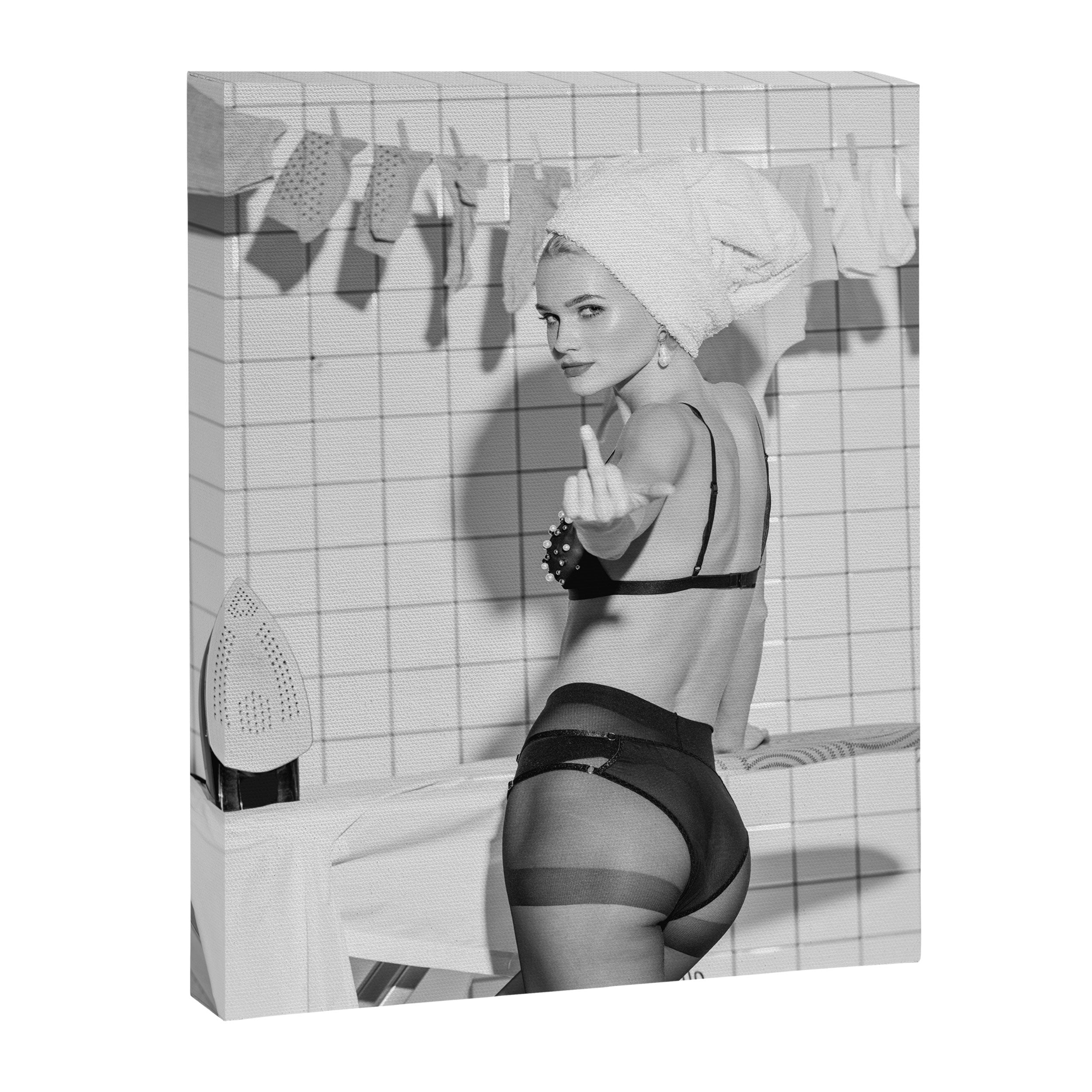 Romans!  Citizens!  Trolls!  Bad boyfriends!  Neo-conservatives we present to you The Birds of Springs humorous blond housewife giving the middle finger (the bird) black and white photograph - photography - photographs by Vitalik Radko Canvas Print Gallery Image 8