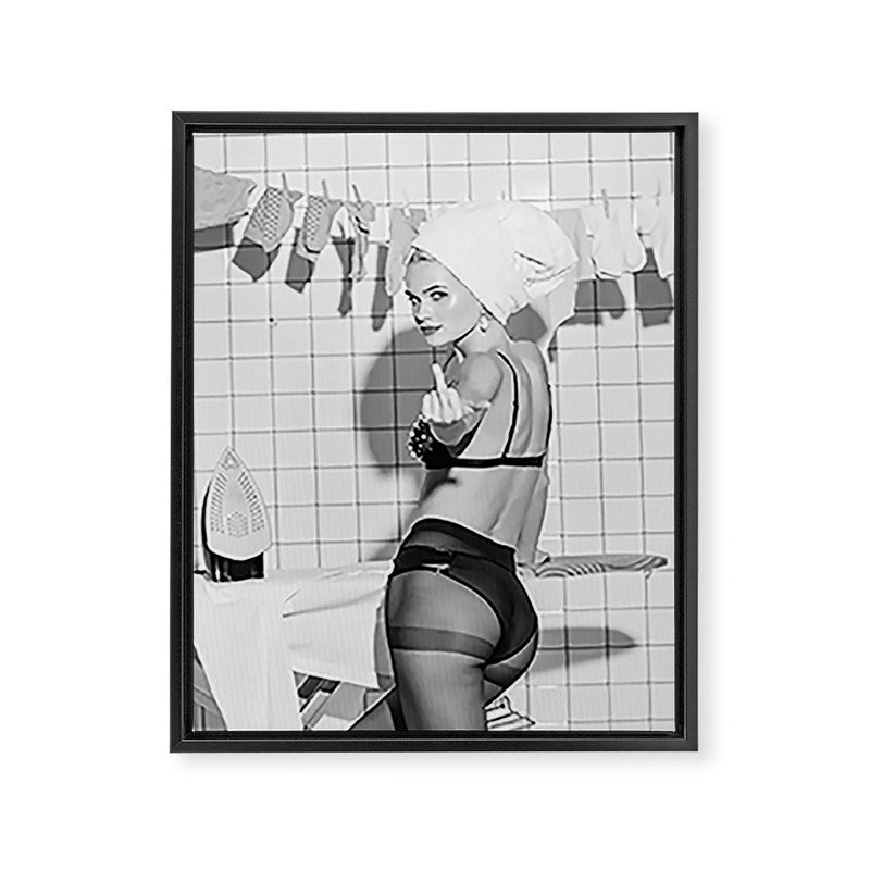 Romans!  Citizens!  Trolls!  Bad boyfriends!  Neo-conservatives we present to you The Birds of Springs humorous blond housewife giving the middle finger (the bird) black and white photograph - photography - photographs by Vitalik Radko Framed Canvas Print Gallery Image 8