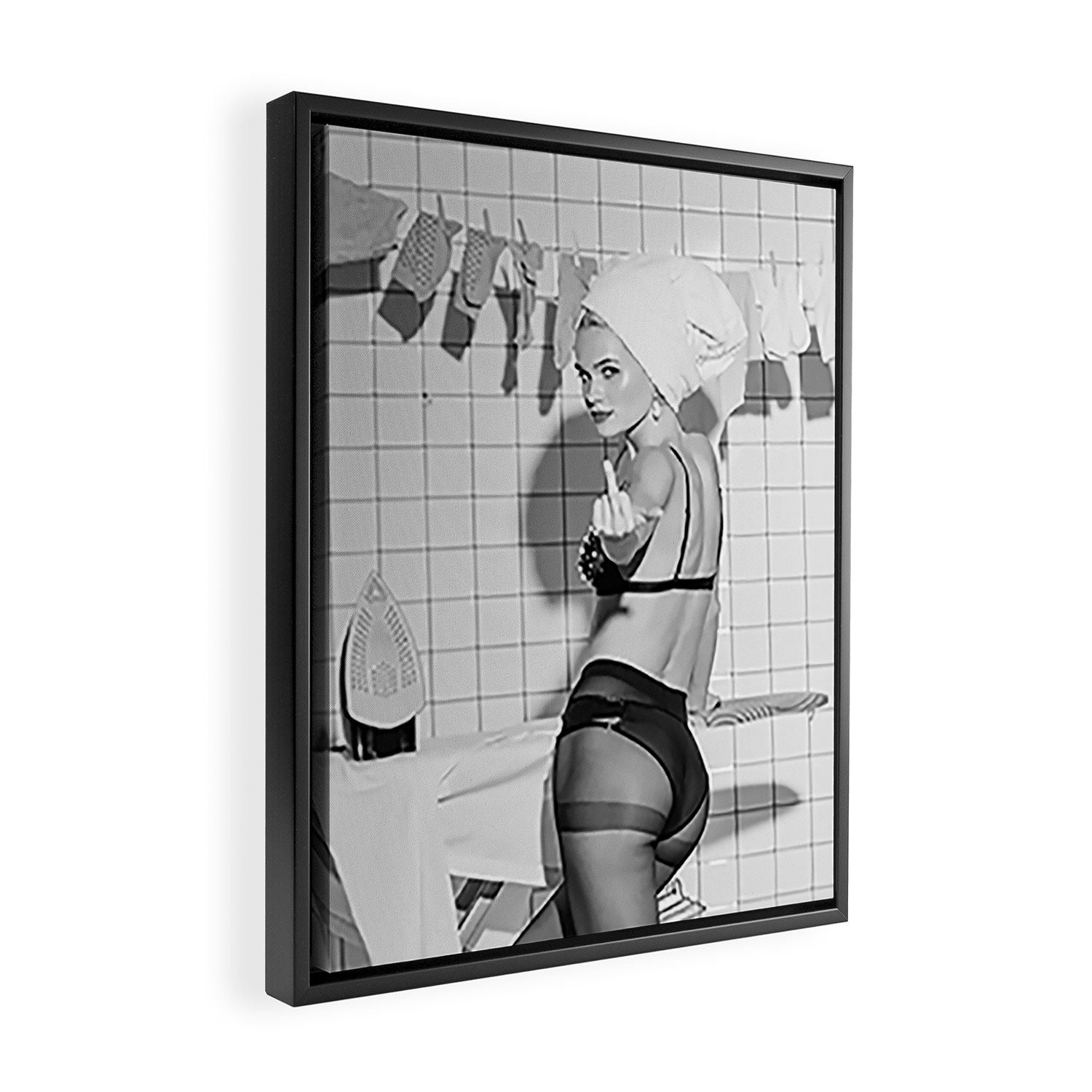Romans!  Citizens!  Trolls!  Bad boyfriends!  Neo-conservatives we present to you The Birds of Springs humorous blond housewife giving the middle finger (the bird) black and white photograph - photography - photographs by Vitalik Radko Framed Canvas Print Gallery Image 2