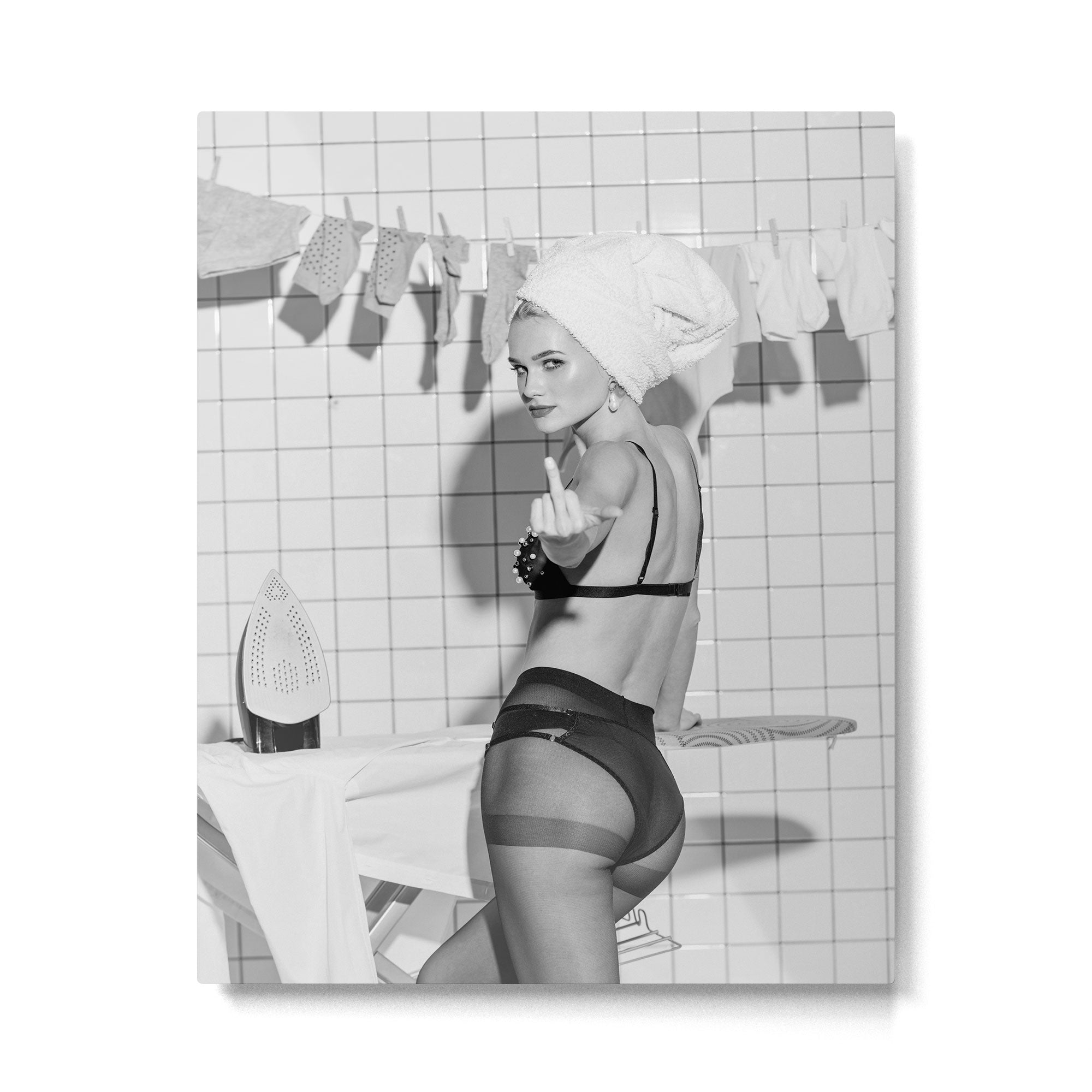 Romans!  Citizens!  Trolls!  Bad boyfriends!  Neo-conservatives we present to you The Birds of Springs humorous blond housewife giving the middle finger (the bird) black and white photograph - photography - photographs by Vitalik Radko Metal Print Gallery Image 6