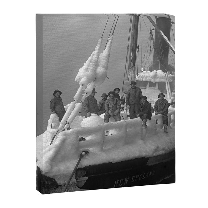 The fishing boat "New England" frozen in ice, winter, British Columbia, 1916 black and white vintage photograph by Leonard Frank Canvas Print Gallery Image 1