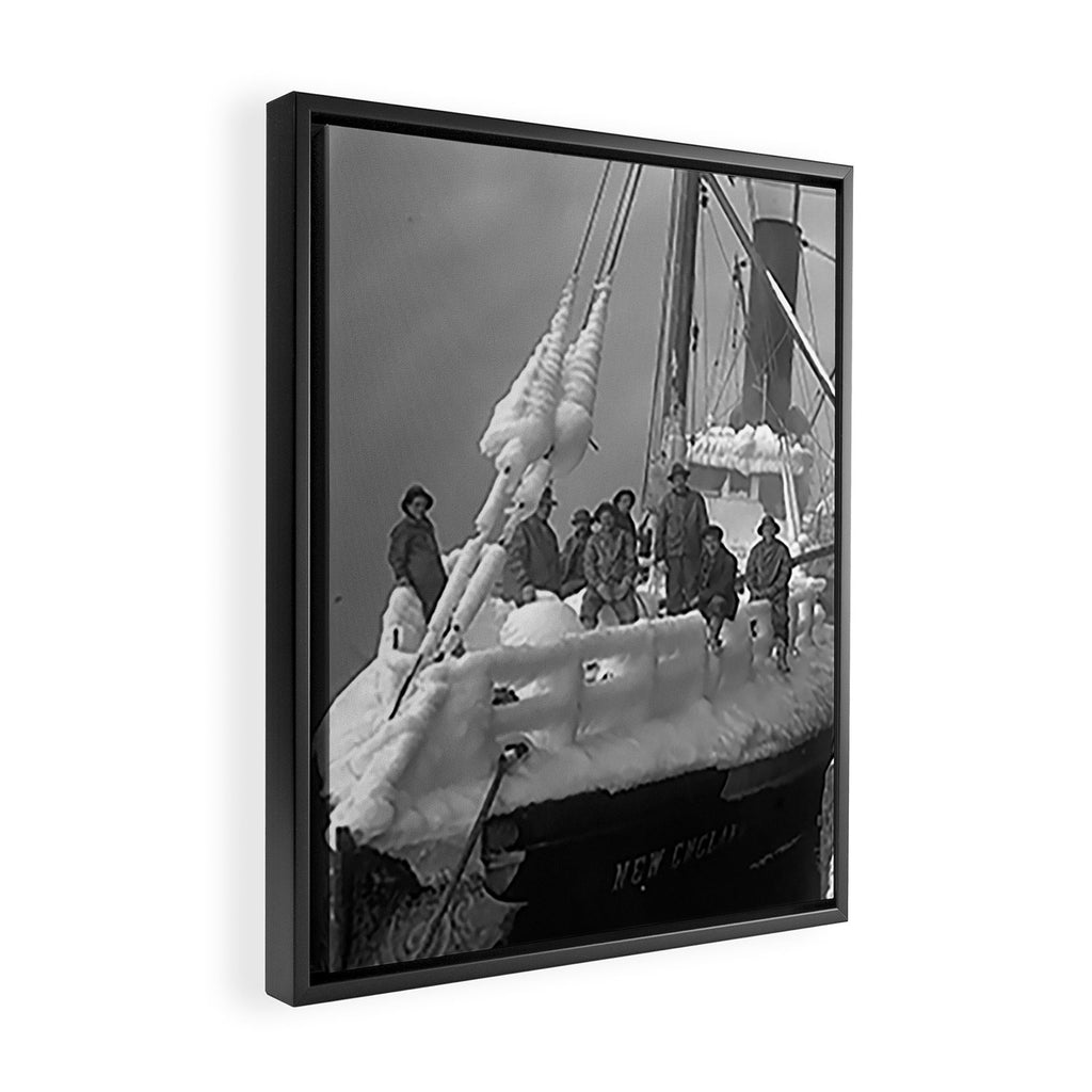 The fishing boat "New England" frozen in ice, winter, British Columbia, 1916 black and white vintage photograph by Leonard Frank Framed Canvas Print Gallery Image 2