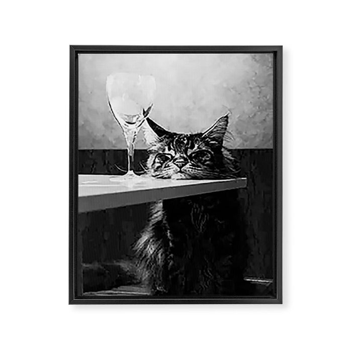 The Nightwatch Cat at the Absinthe bar black and white photograph / art photography Framed Canvas Print Gallery Image 1