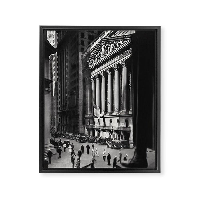 Wall Street, Stock Exchange, New York, New York black and white photograph Framed Canvas Print Gallery Image 1