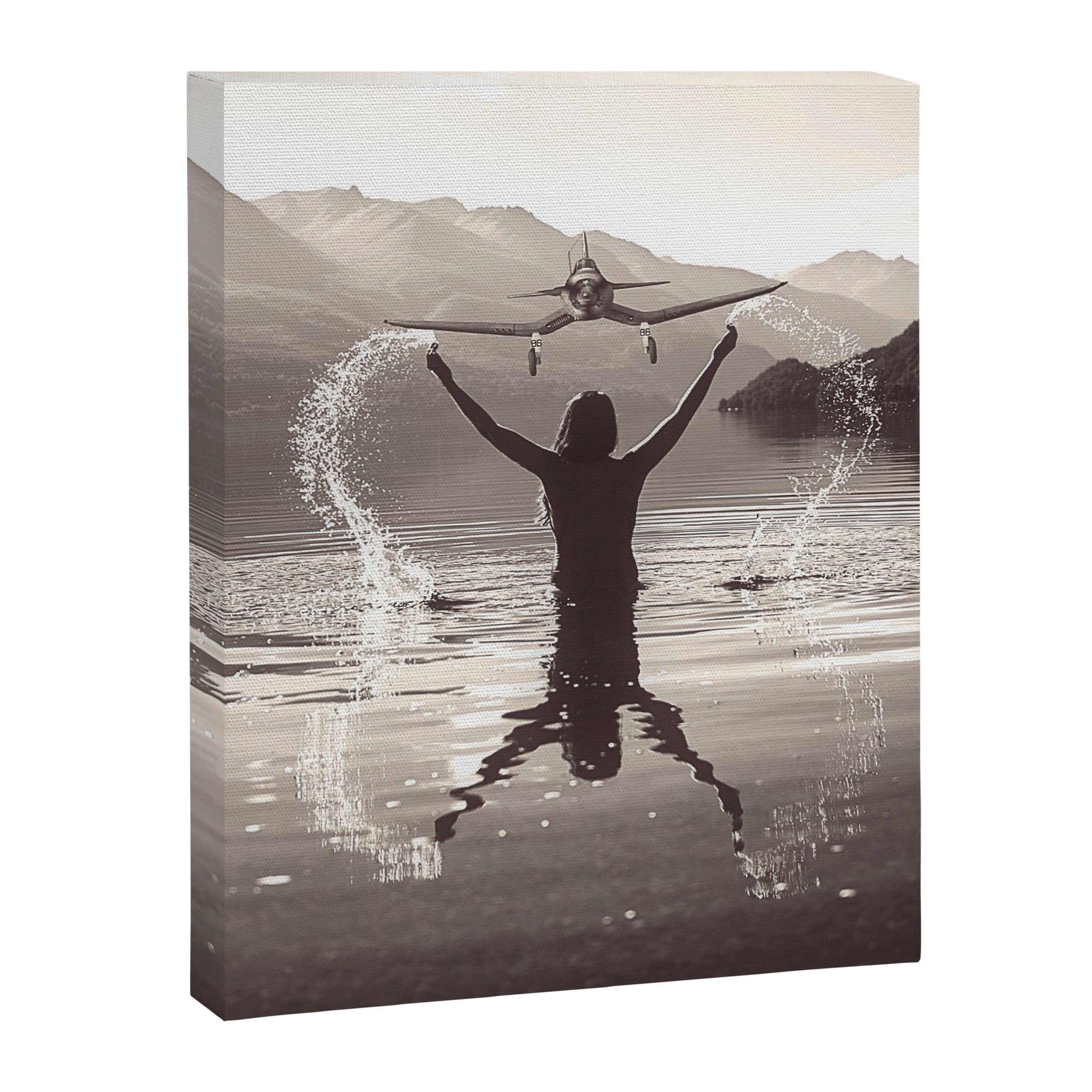 Water wings plane landing on mountain lake female portrait black and white photograph - photography - photographs Canvas Print Gallery Image 8