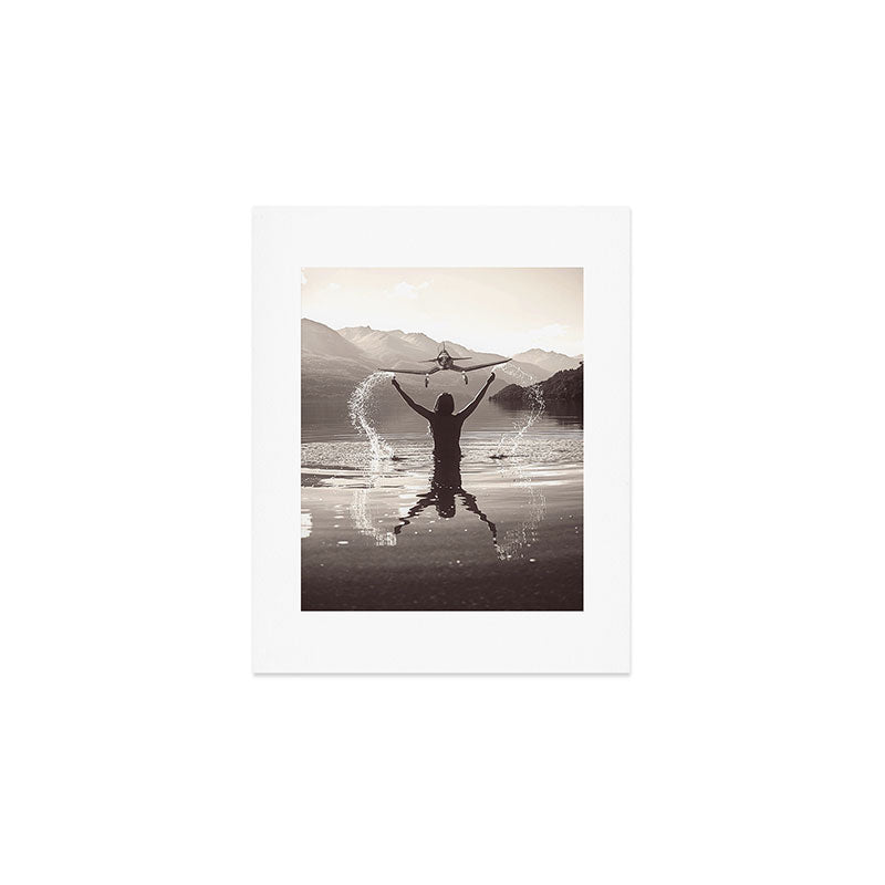 Water wings plane landing on mountain lake female portrait black and white photograph - photography - photographs Art Print Gallery Image 1