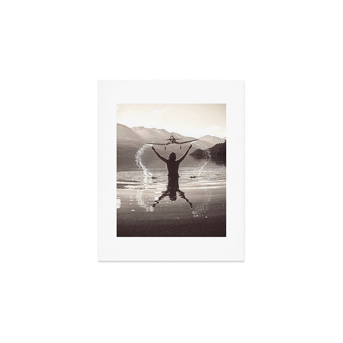 Water wings plane landing on mountain lake female portrait black and white photograph - photography - photographs Art Print Gallery Image 1