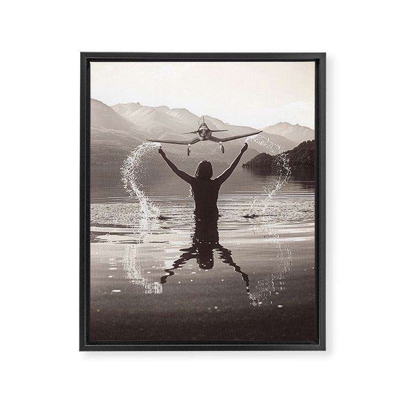 Water wings plane landing on mountain lake female portrait black and white photograph - photography - photographs Framed Canvas Print Gallery Image 8