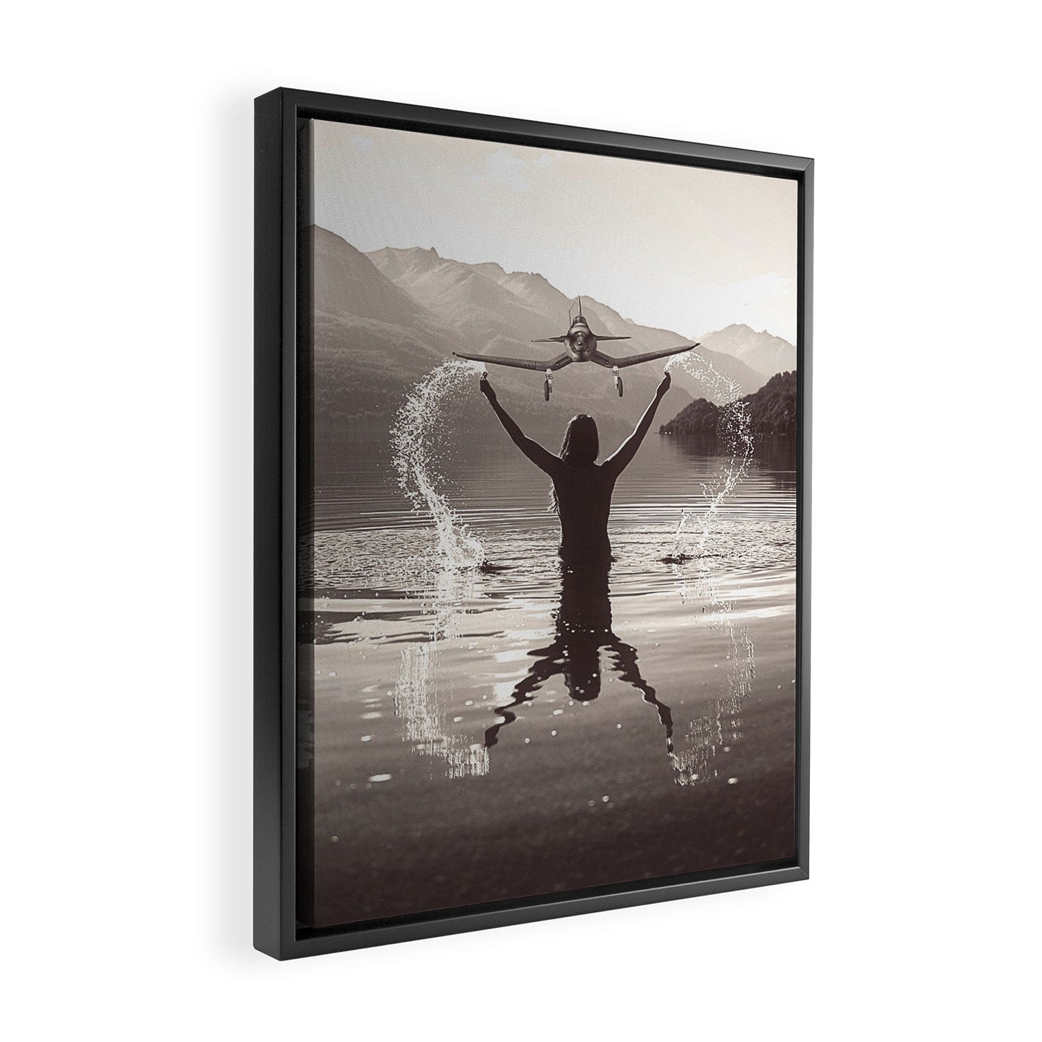 Water wings plane landing on mountain lake female portrait black and white photograph - photography - photographs Framed Canvas Print Gallery Image 2