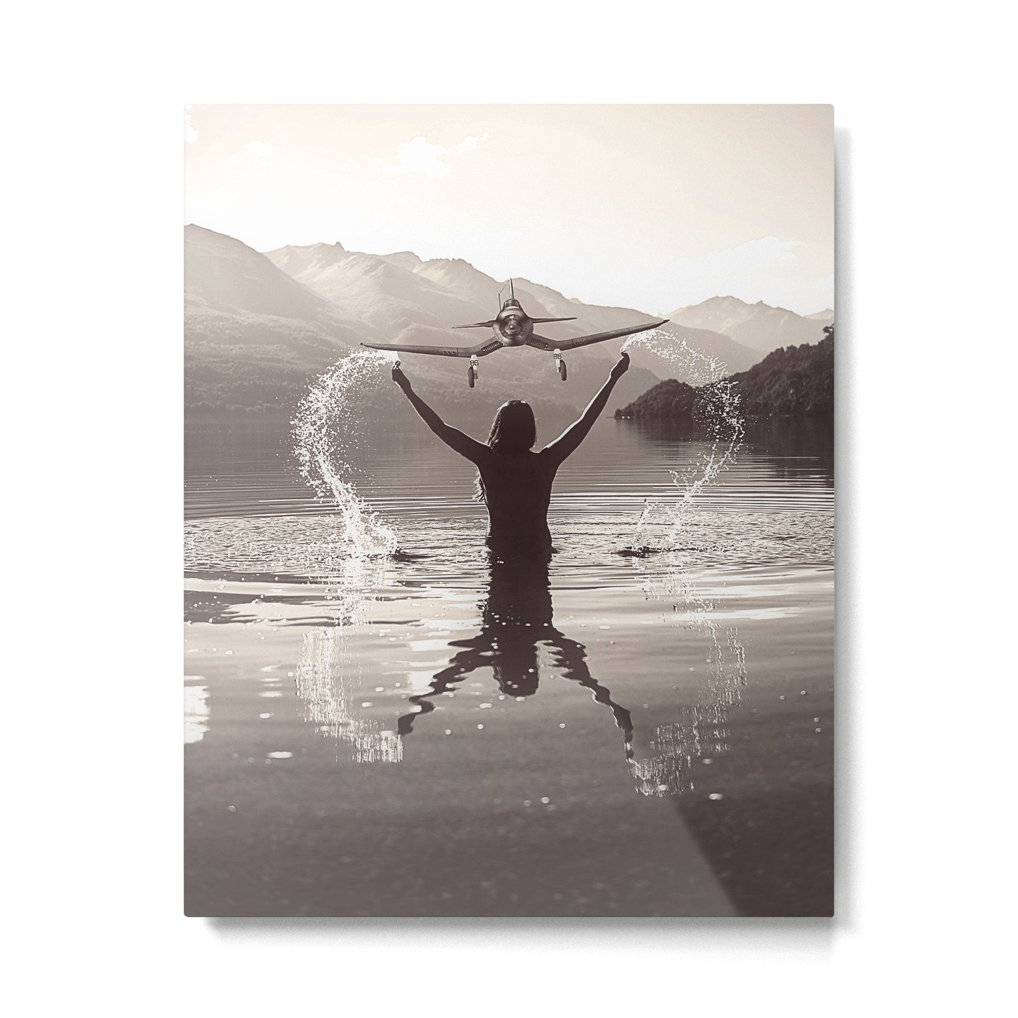 Water wings plane landing on mountain lake female portrait black and white photograph - photography - photographs Metal Print Gallery Image 6