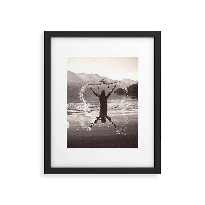 Water wings plane landing on mountain lake female portrait black and white photograph - photography - photographs Framed Art Print Gallery Image 4