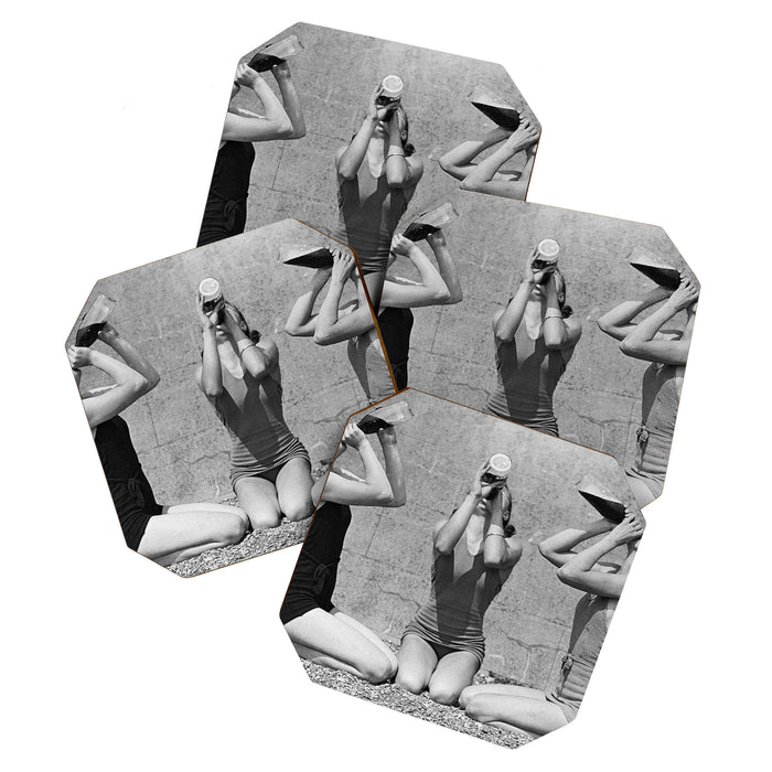 What the girls drink when the guys aren't looking - three girlfriends drinking at the beach black and white photograph Coaster Gallery Image 1