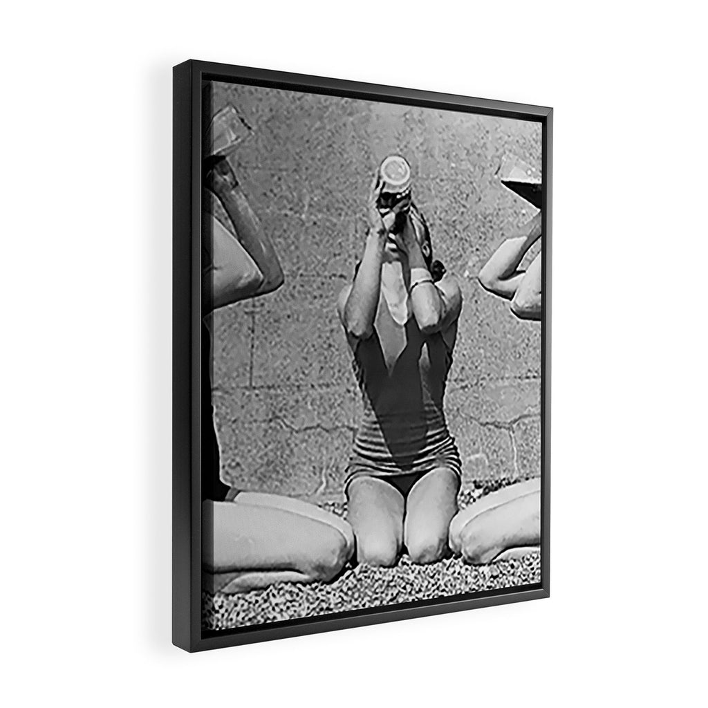 What the girls drink when the guys aren't looking - three girlfriends drinking at the beach black and white photograph Framed Canvas Print Gallery Image 2
