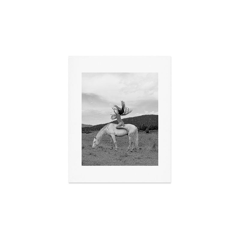 Wild horses couldn't take you from me; young woman on a white horse throwing her hair black wilderness black and white photograph - photography - photographs Art Print Gallery Image 1