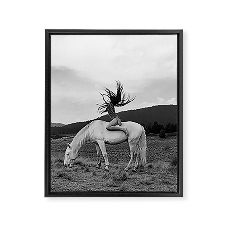 Wild horses couldn't take you from me; young woman on a white horse throwing her hair black wilderness black and white photograph - photography - photographs Framed Canvas Print Gallery Image 6