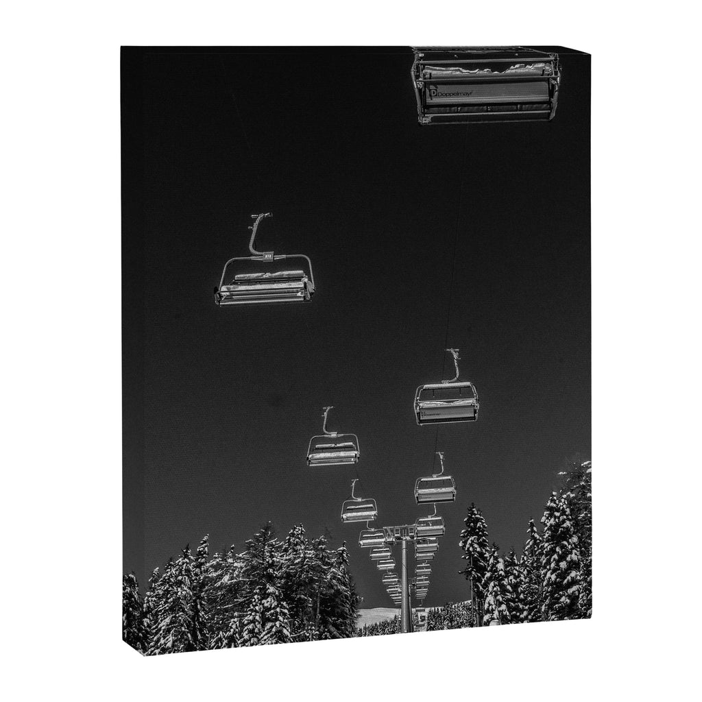 Winter ski slope chair lift amid frozen rime and ice of mountain woods beautiful landscape black and white photograph - photography - photographs Canvas Print Gallery Image 6