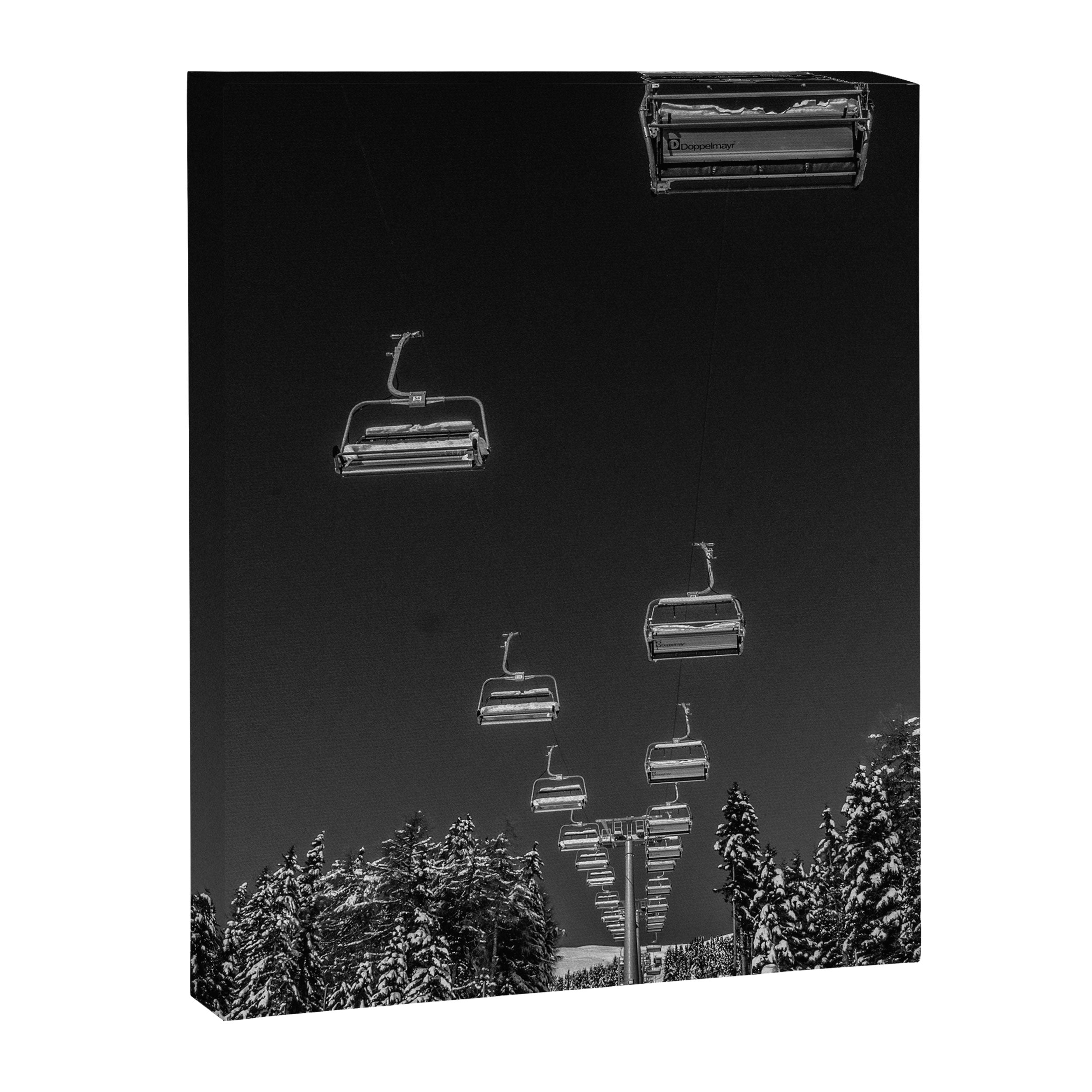 Winter ski slope chair lift amid frozen rime and ice of mountain woods beautiful landscape black and white photograph - photography - photographs Canvas Print Gallery Image 6