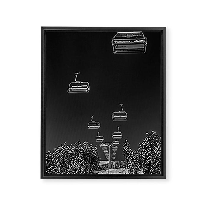 Winter ski slope chair lift amid frozen rime and ice of mountain woods beautiful landscape black and white photograph - photography - photographs Framed Canvas Print Gallery Image 1