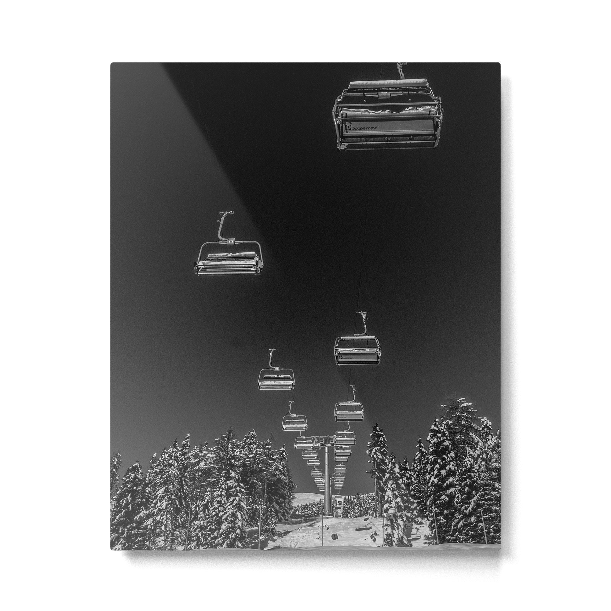 Winter ski slope chair lift amid frozen rime and ice of mountain woods beautiful landscape black and white photograph - photography - photographs Metal Print Gallery Image 4