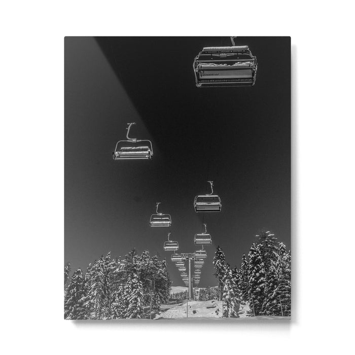 Winter ski slope chair lift amid frozen rime and ice of mountain woods beautiful landscape black and white photograph - photography - photographs Metal Print Gallery Image 1