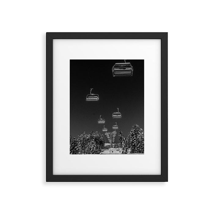 Winter ski slope chair lift amid frozen rime and ice of mountain woods beautiful landscape black and white photograph - photography - photographs Framed Art Print Gallery Image 1