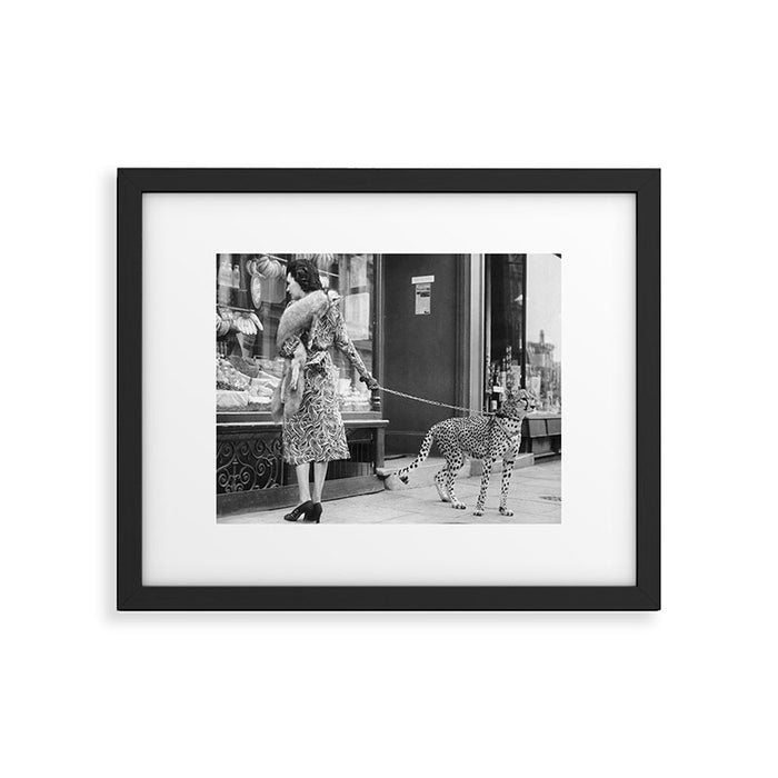Woman with Cheetah, Phyllis Gordon, with her pet Kenyan cheetah, Paris, France black and white photo Framed Art Print Gallery Image 1