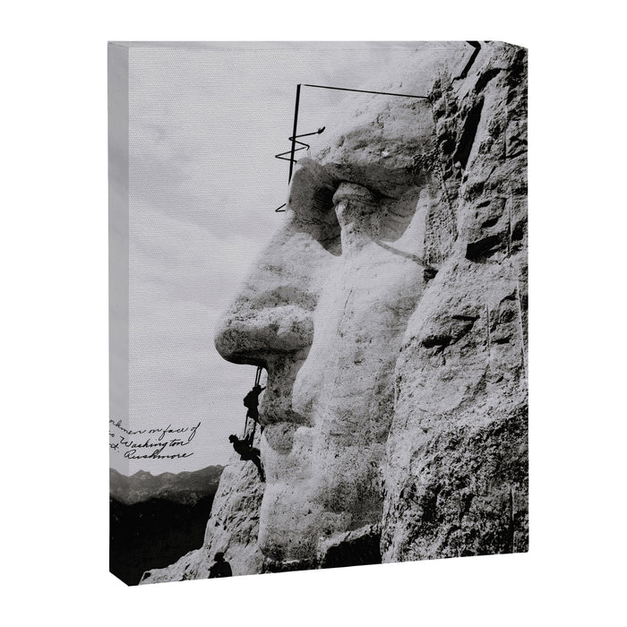 Workmen on face of George Washington, Mount Rushmore, South Dakota black and white photograph Canvas Print Gallery Image 1