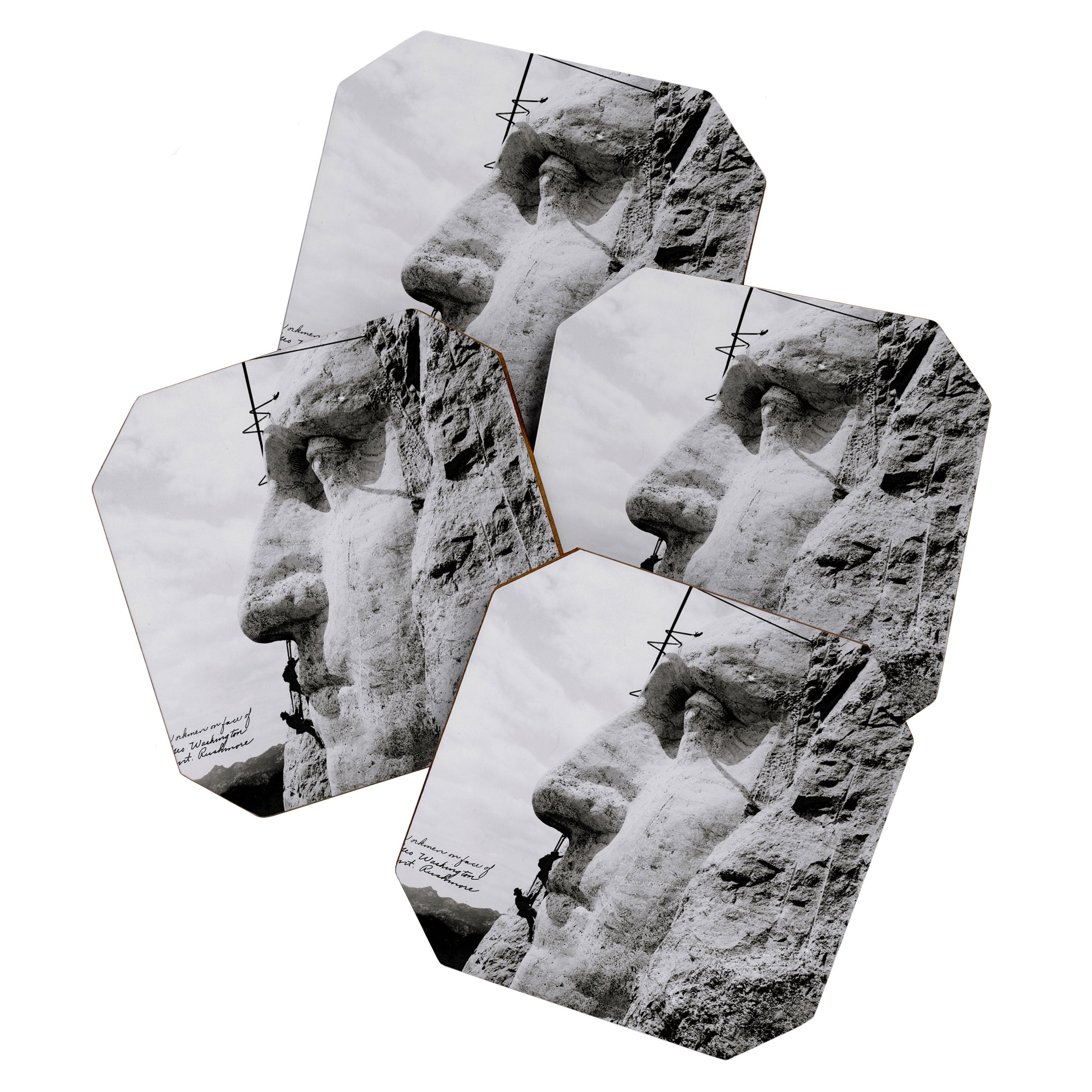 Workmen on face of George Washington, Mount Rushmore, South Dakota black and white photograph Coaster Gallery Image 1