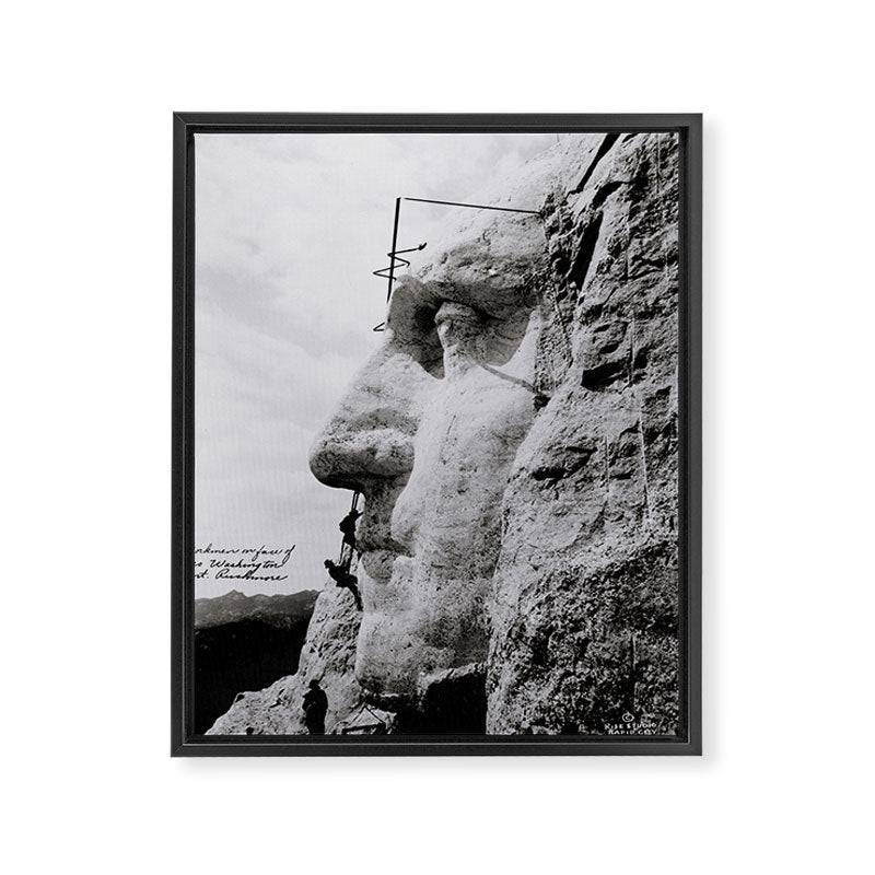 Workmen on face of George Washington, Mount Rushmore, South Dakota black and white photograph Framed Canvas Print Gallery Image 6