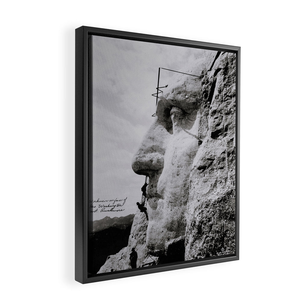 Workmen on face of George Washington, Mount Rushmore, South Dakota black and white photograph Framed Canvas Print Gallery Image 2