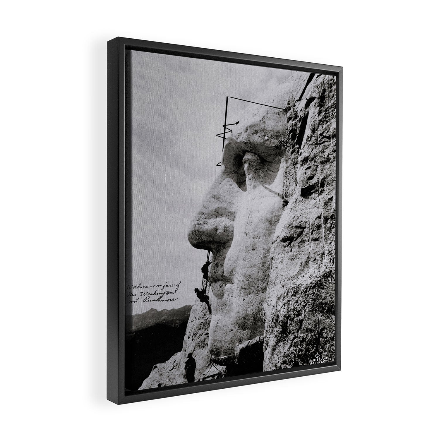 Workmen on face of George Washington, Mount Rushmore, South Dakota black and white photograph Framed Canvas Print Gallery Image 2