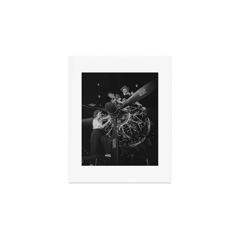 WWII aircraft engine installation by female workers inspirational black and white photograph   Art Print Gallery Image 1