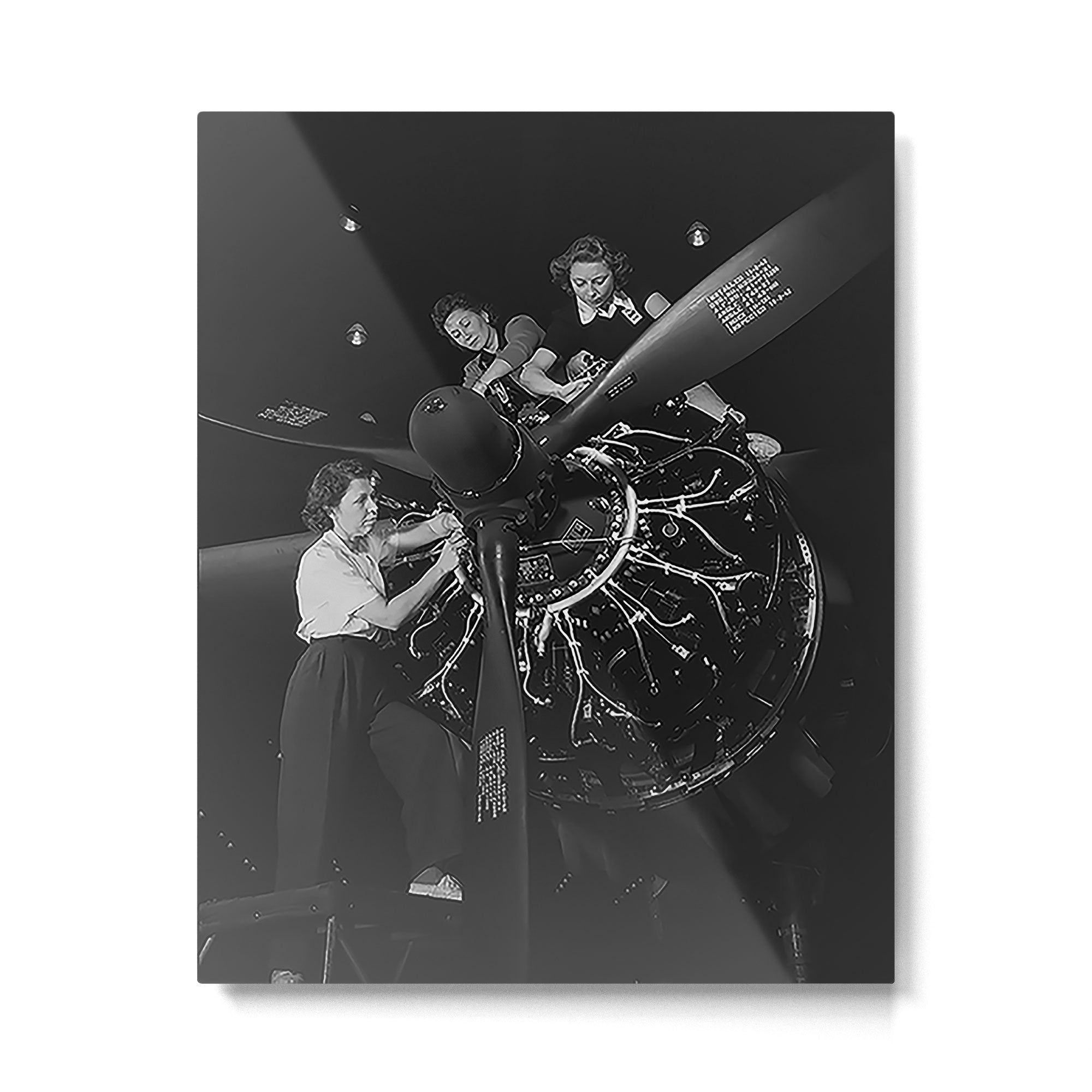 WWII aircraft engine installation by female workers inspirational black and white photograph   Metal Print Gallery Image 6