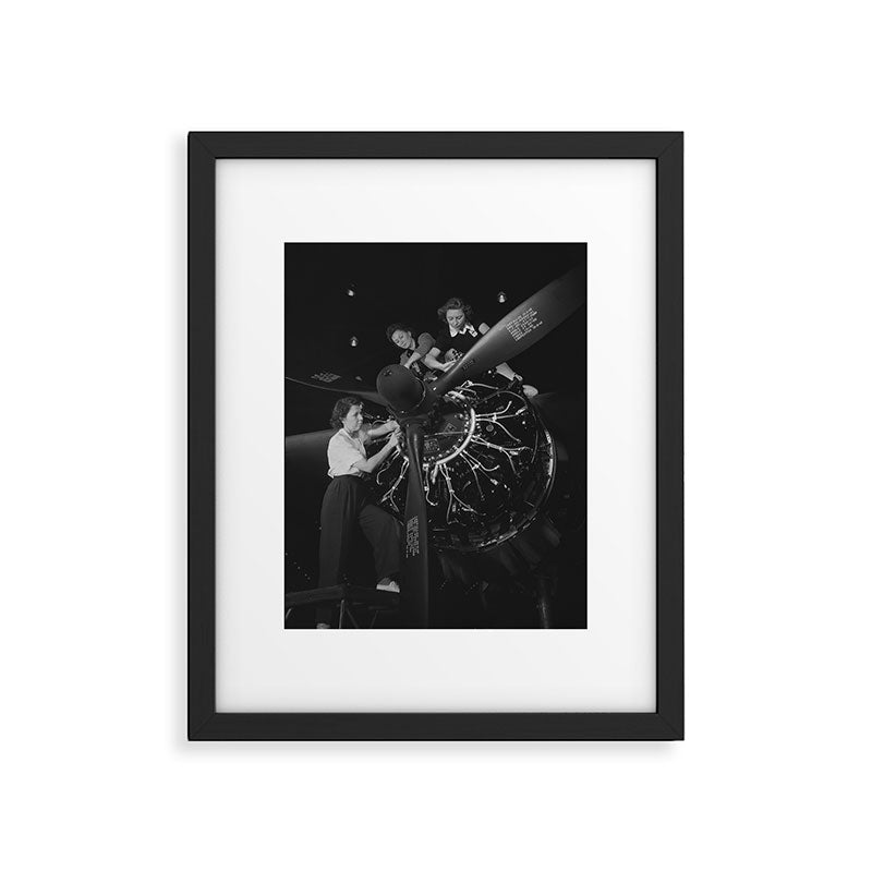 WWII aircraft engine installation by female workers inspirational black and white photograph   Framed Art Print Gallery Image 6