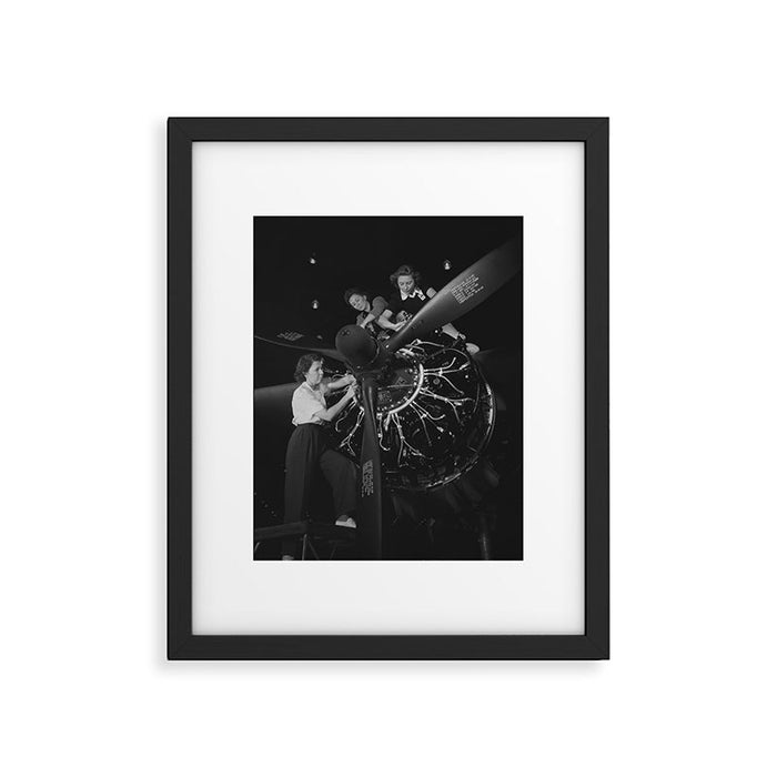 WWII aircraft engine installation by female workers inspirational black and white photograph   Framed Art Print Gallery Image 1