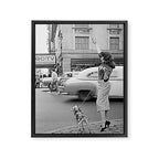 Young woman with pet dog hailing a yellow cab taxi New York City portrait black and white photograph - photography - photographs Framed Canvas Print Gallery Image 8