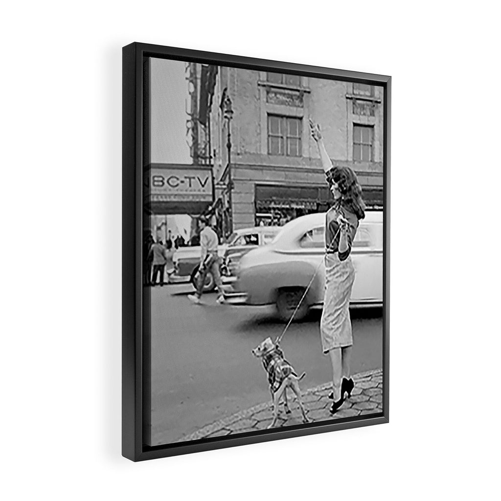 Young woman with pet dog hailing a yellow cab taxi New York City portrait black and white photograph - photography - photographs Framed Canvas Print Gallery Image 2