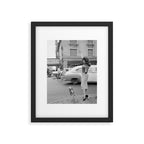 Young woman with pet dog hailing a yellow cab taxi New York City portrait black and white photograph - photography - photographs Framed Art Print Gallery Image 6