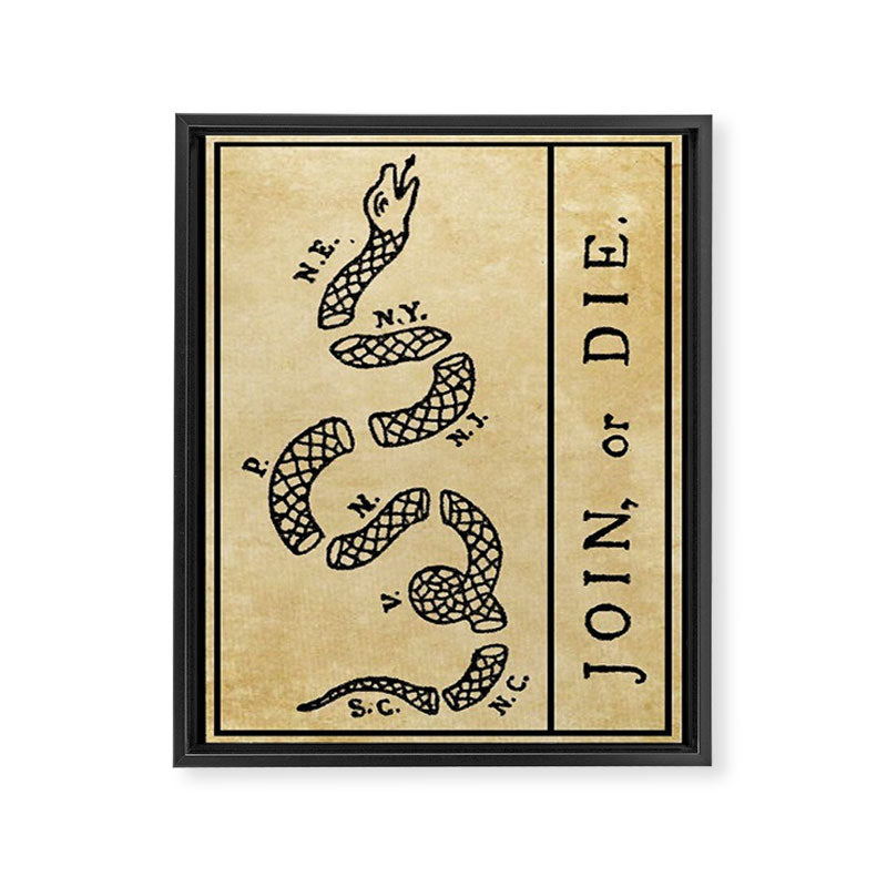 1776 "Join, or Die" Revolutionary War flag with 13 colonies, snake & no colors by Benjamin Franklin Framed Canvas Print Gallery Image 3
