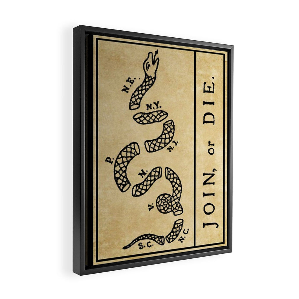 1776 "Join, or Die" Revolutionary War flag with 13 colonies, snake & no colors by Benjamin Franklin Framed Canvas Print Gallery Image 2